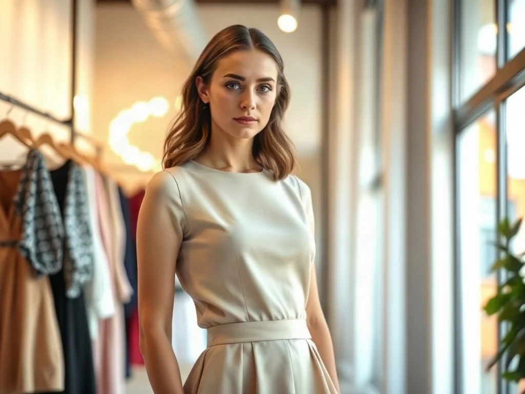Kobieta w eleganckiej sukience o kroju litery A, która optycznie wysmukla sylwetkę i podkreśla talię.