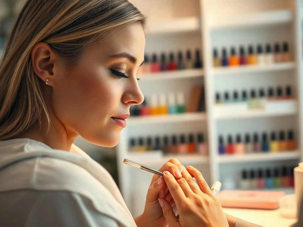 Profesjonalna stylistka wykonuje manicure w nowoczesnym salonie kosmetycznym, nakładając lakier na paznokcie klientki.